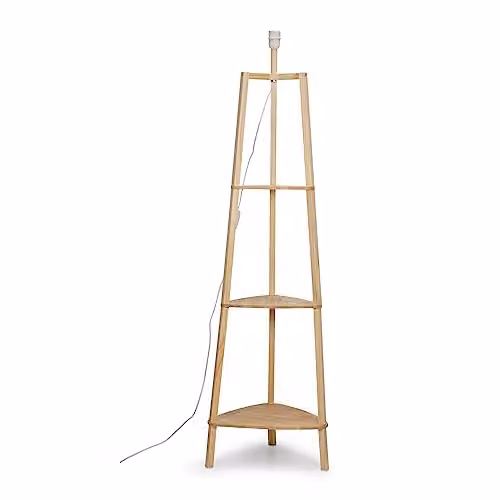 MiniSun Natural Wooden 3 Tier Floor Lamp with Storage Shelves in Brown and Sand, H 138.0 cm x W 39.0 cm x D 39.0 cm