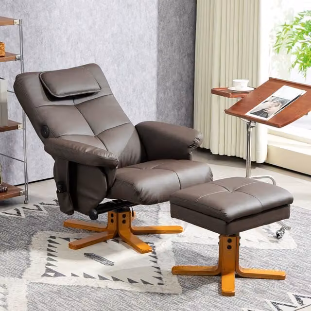 HOMCOM Upholstered Massage Recliner Chair with Matching Footstool in Brown Synthetic Leather