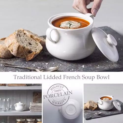 WM Bartleet & Sons 1750 Traditional Porcelain Lidded Individual French Onion Soup and Stew Bowl with Handles, 500ml, White – 2