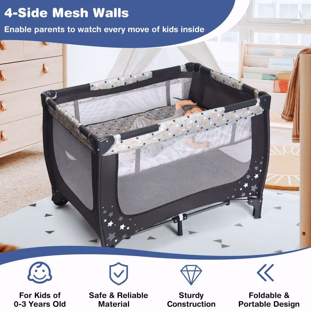 Costway 2-in-1 Foldable Baby Playpen and Bassinet Bed Activity Centre with Mattress in Grey and Multicolour – 5