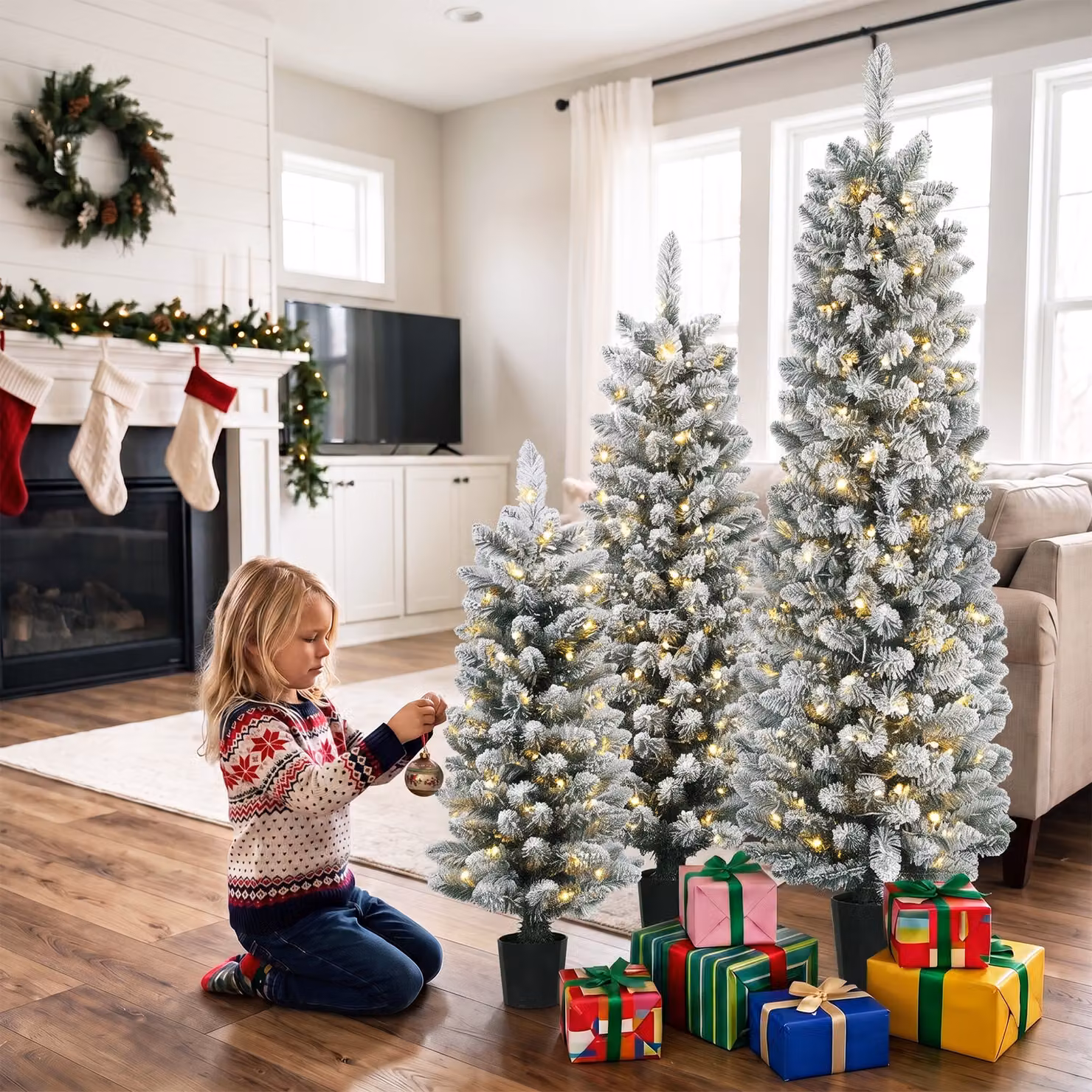 HOMCOM Set of 3 Slim Snowy Flocked Artificial Christmas Trees with Warm White LED Lights, White, H 152 cm, H 122 cm, H 91 cm – 7
