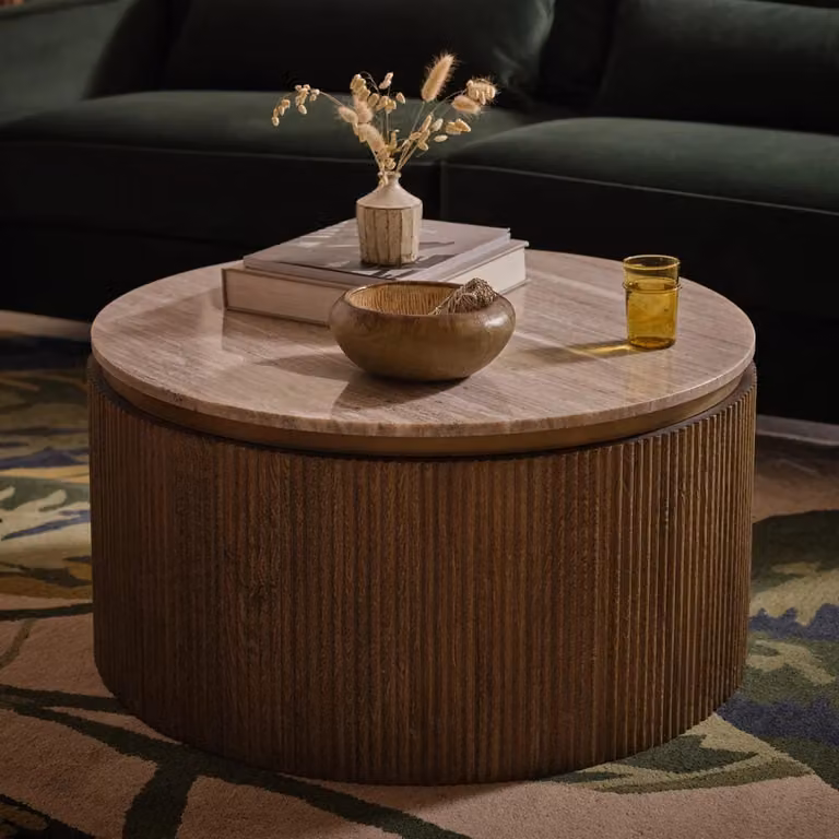 Atkin & Thyme Rondo Round Marble and Mango Wood Coffee Table in Brown