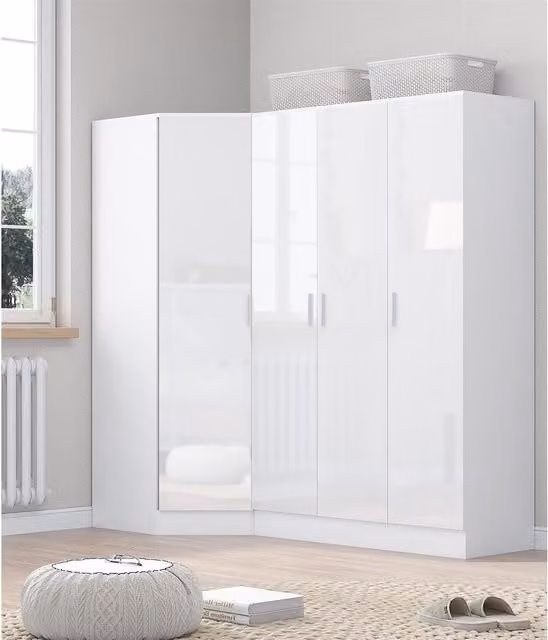 REFLECT Black Gloss Wardrobe Bundle featuring a Corner Unit and a 3-Door Plain Wardrobe in Black and White Gloss/Matt White