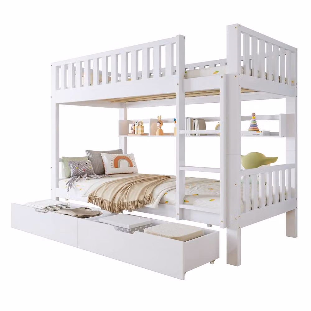 BTM White Wooden Two-Level Bunk Bed with Storage Drawers, Bedside Shelf and Stairs, W/D/H: 152 x 90 x 120 cm – 2