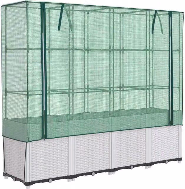 Berkfield Home Raised Bed with Greenhouse Cover in White Rattan Look, W/D/H: 160 x 40 x 153 cm