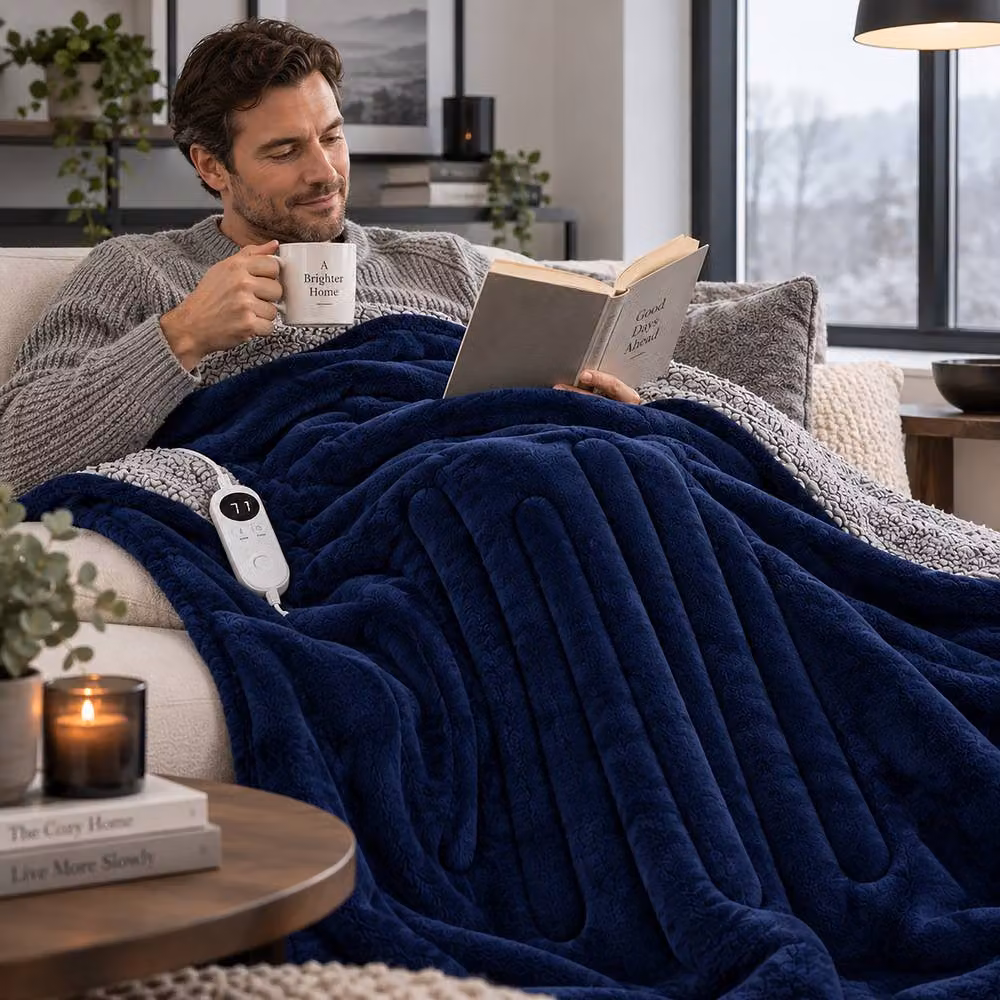 Marco Paul Luxury Navy Sherpa Fleece Electric Heated Throw, W: 150 cm x D: 180 cm – 6
