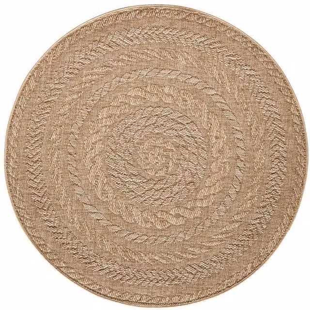THE RUGS Almendro Round Indoor Outdoor Rug with Beige Chevron Design and High Low Texture, Diameter: 160 cm – 1