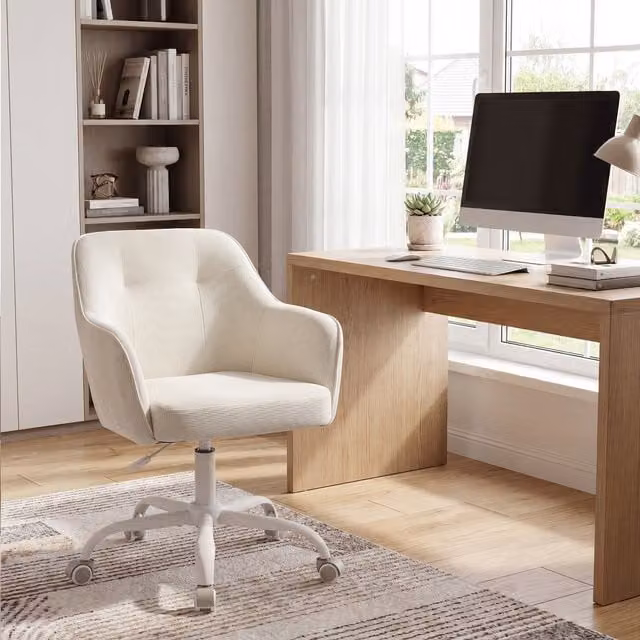 SONGMICS Modern White Fabric Task Chair with Armrests and Castors