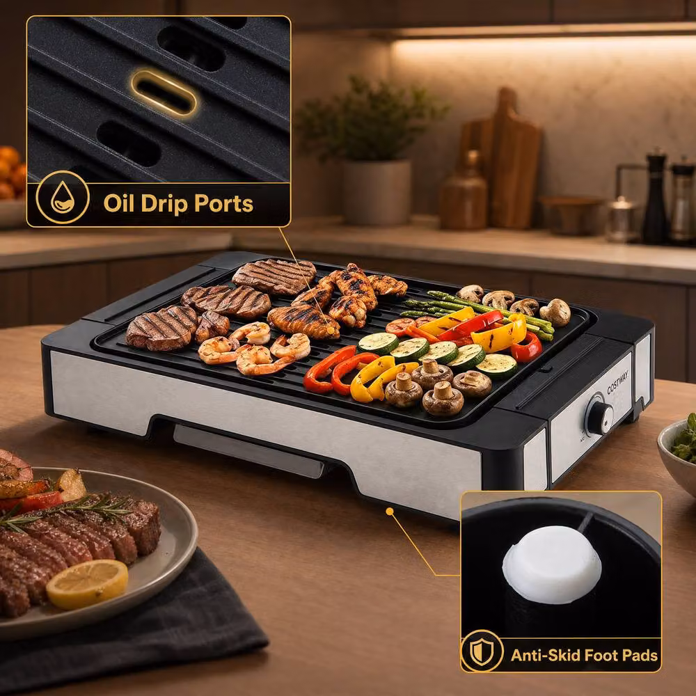 Costway 2300W Electric Indoor Grill and Griddle with Nonstick Die Cast Metal Surface in Black – 9