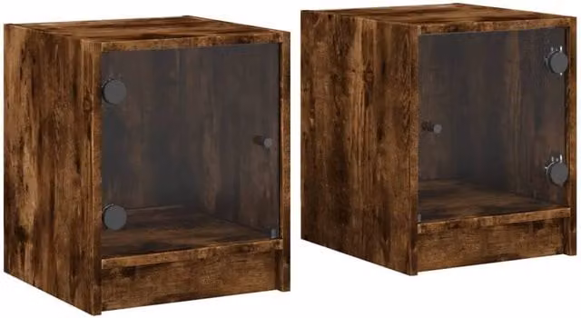 Berkfield Home Set of 2 Bedside Cabinets with Glass Doors in Smoked Oak Brown, W/D/H: 35 x 37 x 42 cm – 1
