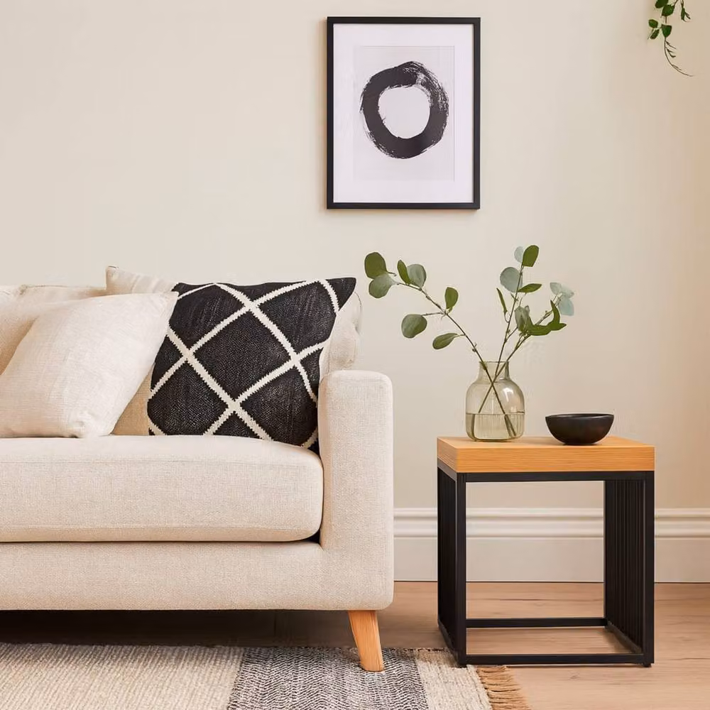 Wyld Haus Porto Side Table with Wild Oak Effect Top and Slim Black Metal Frame in Natural – 2