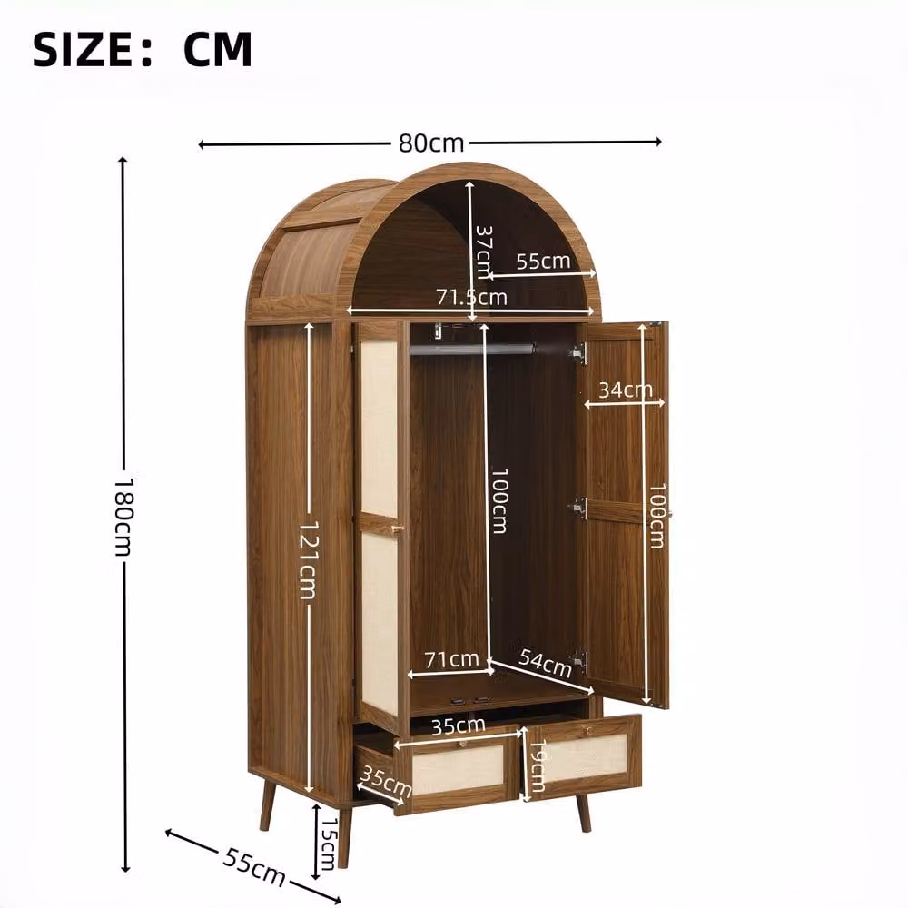 Merax Arched Double Door Wardrobe with 2 Rattan Effect Drawers in Walnut, W/D/H: 80 x 55 x 180 cm – 2
