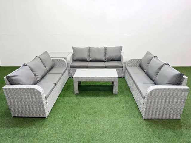 Fimous 9 Seater PE Rattan Garden Furniture Set with Oblong Coffee Table and Side Table in Light Grey