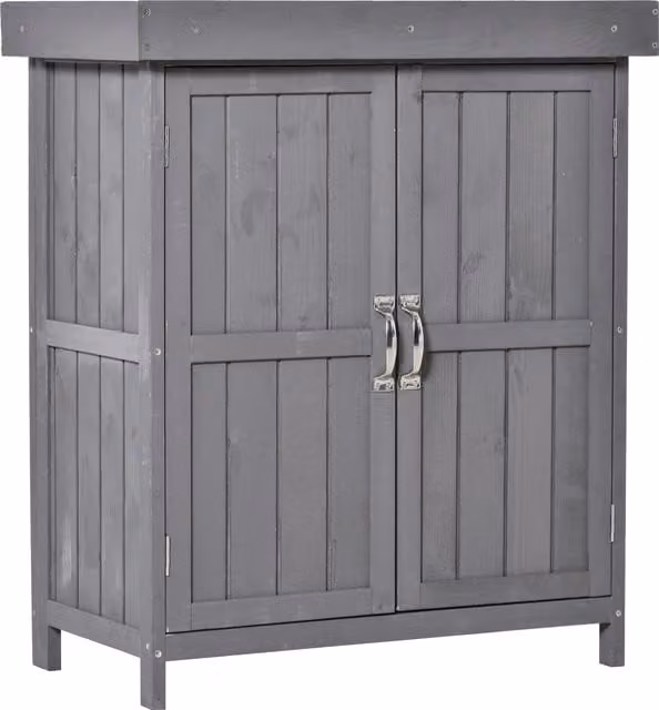 Outsunny Grey Wooden Garden Storage Shed and Tool Cabinet Organiser with Shelves and Two Hinged Doors, W: 74 cm, D: 43 cm, H: 88 cm – 1