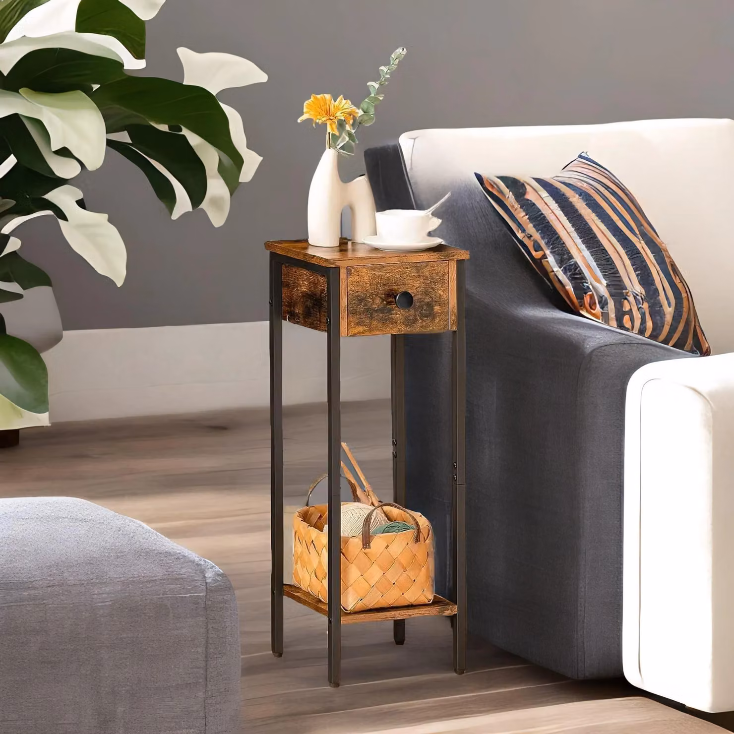 Rafaelo Mobilia Set of 2 Slim Industrial Side Tables in Brown and Black – 4