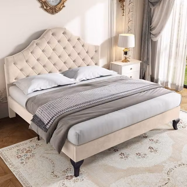 Rolipo Beige Velvet Upholstered Double Bed Frame with Adjustable Headboard, W/D/H: 140 x 200 cm – 1