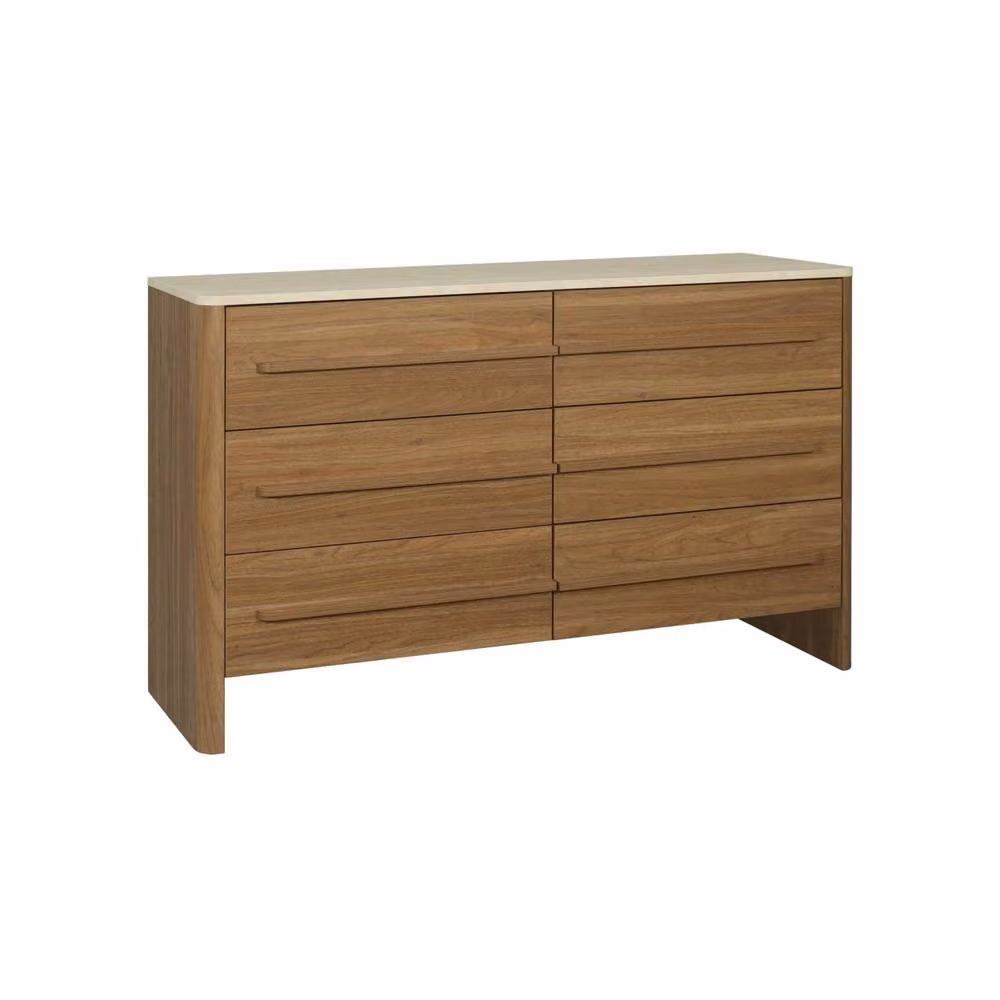 sweeek Dark Brown 6-Drawer Chest with Travertine Effect Top and Wood Decor, W: 120 cm, H: 74 cm, D: 40 cm – 2