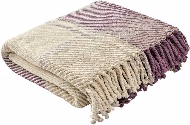 Laura Ashley Dylan Woven Cotton Checked Throw with Fringes, Purple, W: 150 cm, D: 200 cm