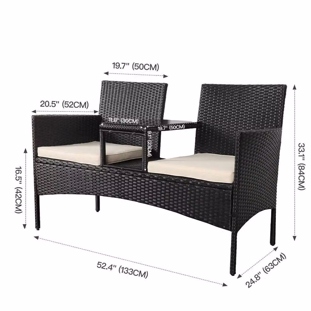 FORGEVIO Modern Garden Love Seat Chair with Black Base and Beige Cushions – 2