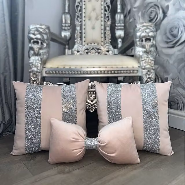 FABRICNCO Set of 3 Pink Striped Plush Velvet Square Cushions