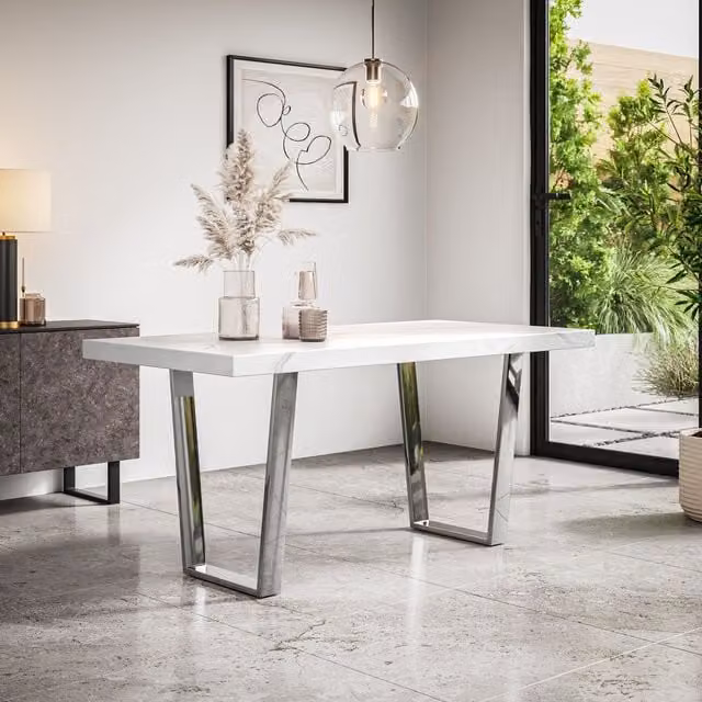 More4Homes Aria White Marble 4-6 Seater Rectangular Dining Table with Chrome Metal Legs, W: 160 cm, D: 80 cm, H: 76 cm – 1