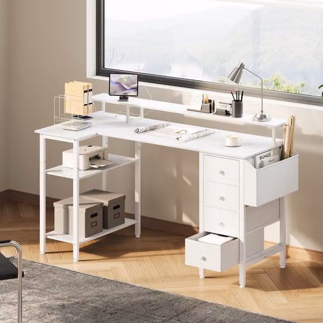 Yaheetech L-shaped Computer Desk with Monitor Stand, White