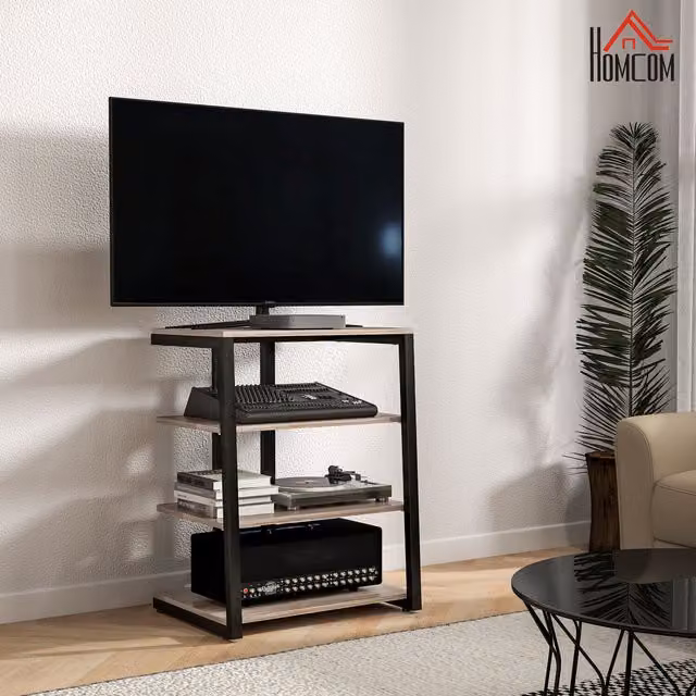 HOMCOM Modern Grey Corner TV Unit with Open Shelves and Extension Lead Holder
