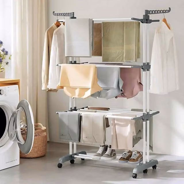 The Bazaarist 4 Tier Foldable Clothes Drying Rack with Wheels and Wing Arms, White and Grey, H 173.0 x W 125.5 x D 63.5 cm