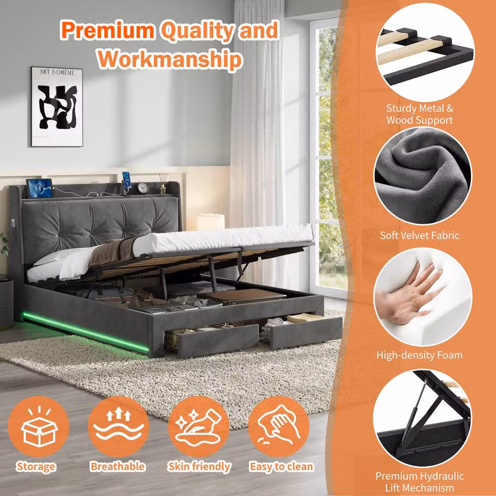 BTM Grey Velvet Upholstered King Size Bed Frame with Hydraulic and Drawer Storage, USB Charging Port and Under-Bed Lighting, W/D/H: 180 x 200 cm – 4