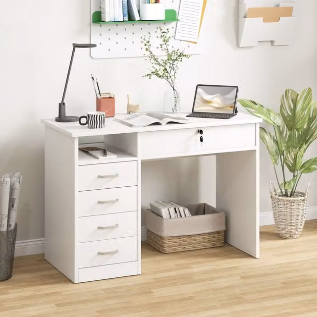 HOMCOM Modern White Computer Desk with Five Drawers for your Home Office