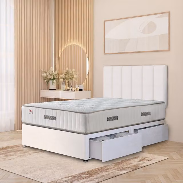 Somnior Beds Ltd Austin Plush Velvet Orthopaedic Divan Bed Set with Hybrid Mattress, Headboard and Drawers, White, W/D/H: 180 x 200 cm