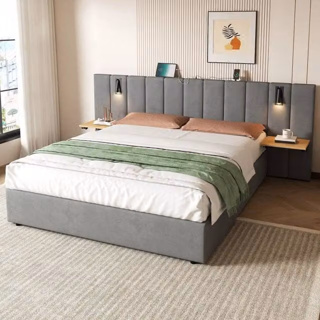 FORGEVIO Modern Upholstered Cot Bed in Grey with Storage, USB Charging Port and Integrated Reading Light, W/D/H: 120 x 60 cm – 1