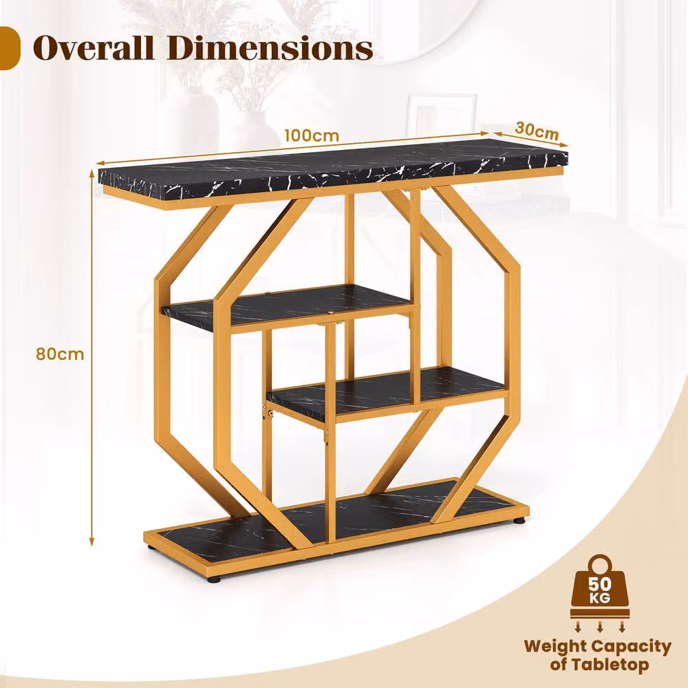 Costway Modern 4-Tier Console Table with Marble Top and Storage Shelves in Black – 2