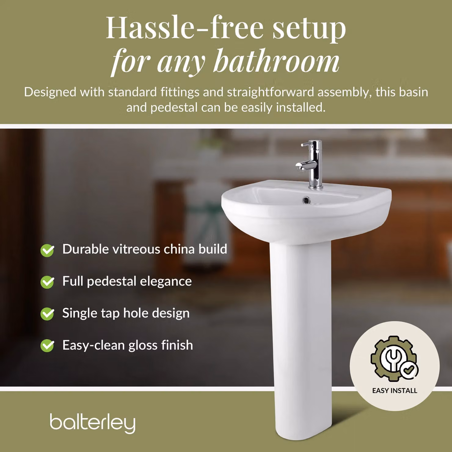 Balterley Round 1 Tap Hole Basin with Full Pedestal, White, W: 50.0 cm, D: 41.6 cm, H: 82.3 cm – 3