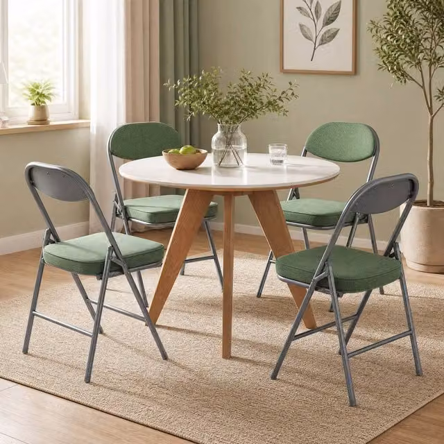 STILVORA Set of Four Green Corduroy Upholstered Folding Chairs with Metal Frame – 1