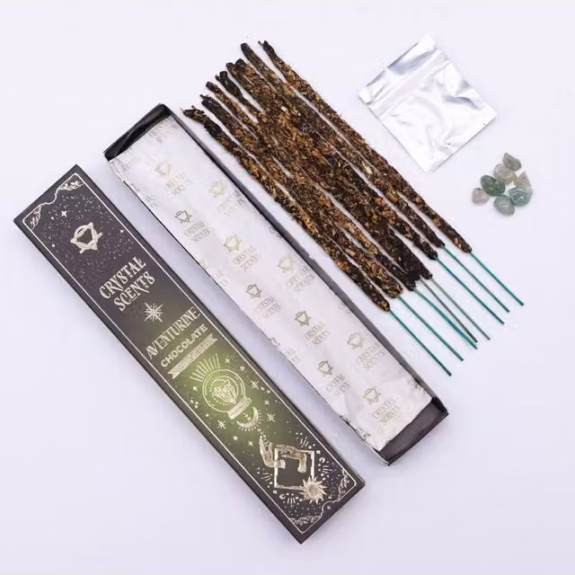 KDMD Aventurine Crystal and Chocolate Smudge Incense Set in Brown and Green