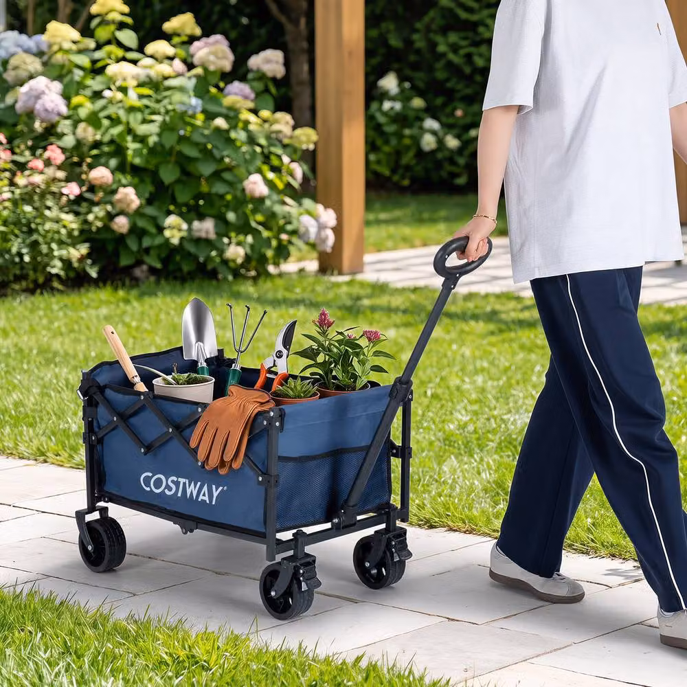 Costway Foldable Transport Trolley with All-Terrain Wheels, Blue – 4