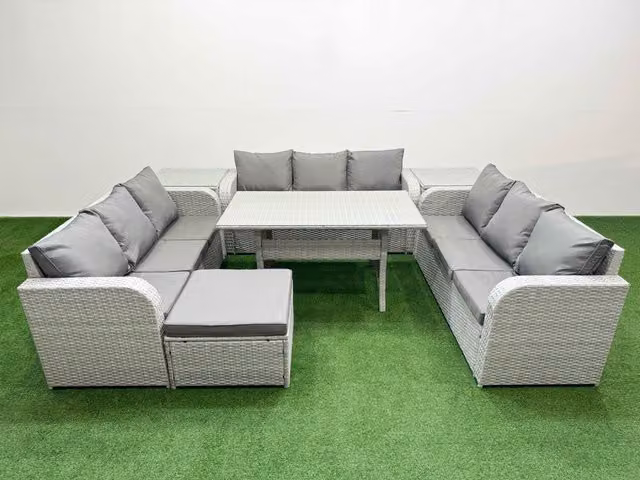Fimous 10 Seater PE Rattan Outdoor Garden Furniture Set in Grey with Rectangular Dining Table, 3 Seater Sofa, Footstool and 2 Side Tables