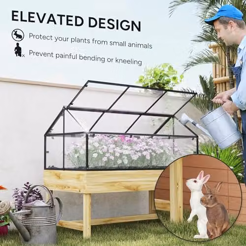 Outsunny Raised Garden Bed with Polycarbonate Cold Frame Greenhouse in Sand – 5