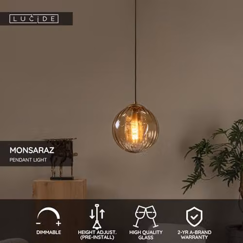 Lucide Monsaraz Dimmable Retro Glass Pendant Light, Amber, Diameter: 25 cm – 2