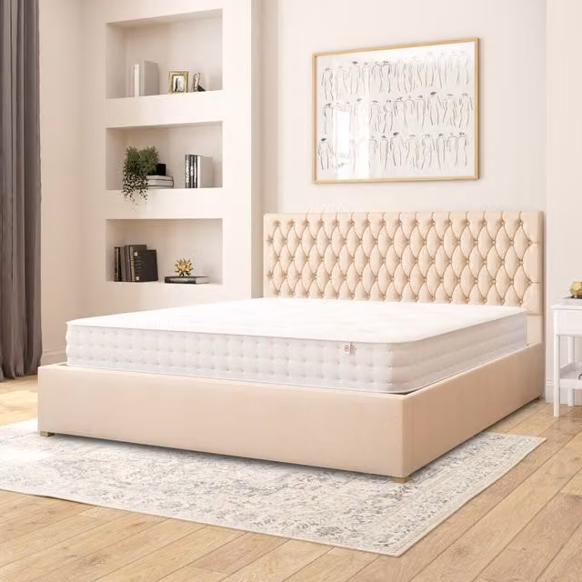 Aspire Monroe Upholstered Ottoman Storage Bed in Beige Kimiyo Linen Fabric, Superking, W: 200 cm x D: 200 cm