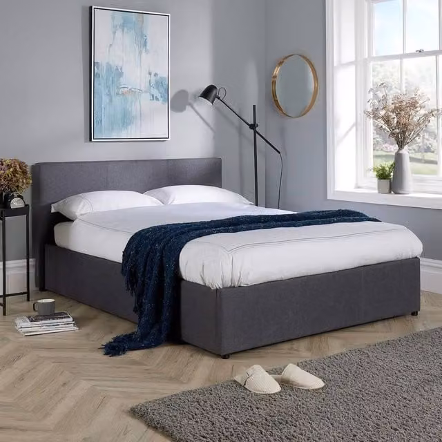 Home Source Single Ottoman Storage Bed Frame in Grey Hopsack Fabric with Gas Lift Base
