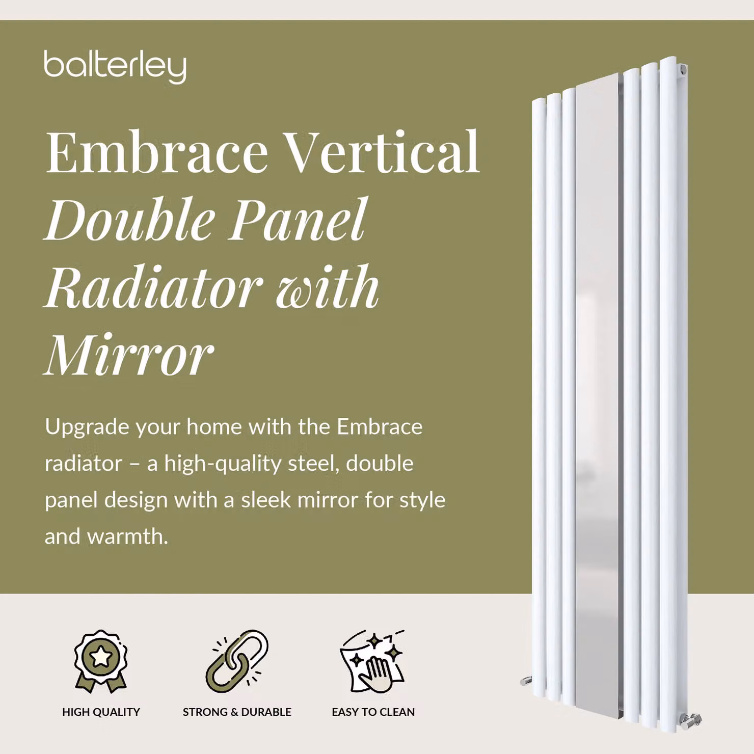Balterley Embrace Vertical 2 Panel Radiator and Mirror, Gloss White, H 180.0 cm x W 49.9 cm – 2