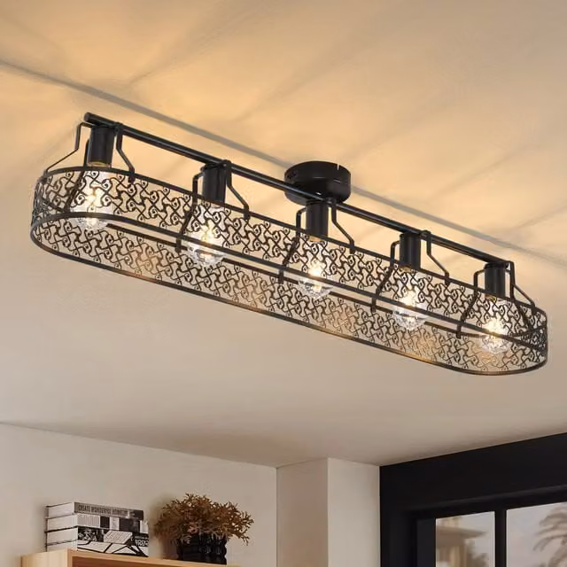 Garwarm 5-Light Farmhouse Metal Dimmable Flush Mount Ceiling Light, Black, W: 110 cm
