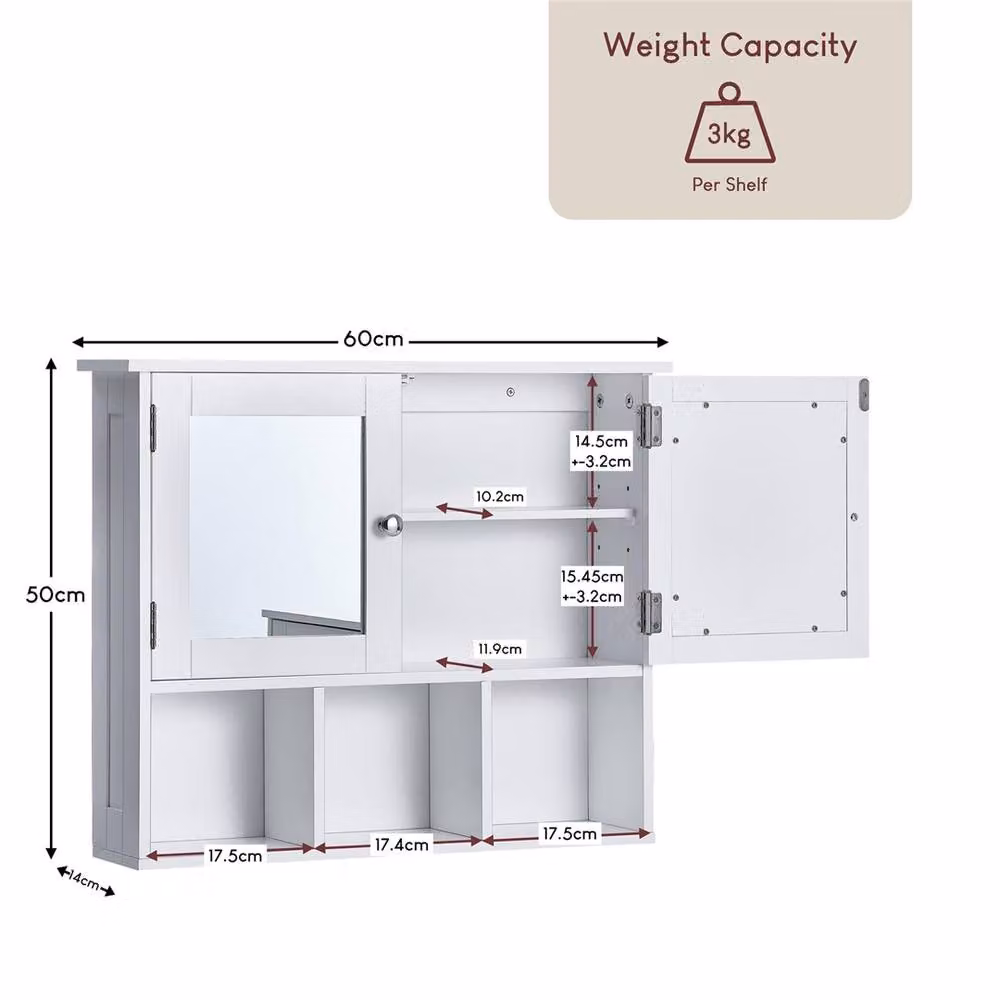 FORGEVIO White 2 Door Mirrored Wall Cabinet with 3 Compartments – 2