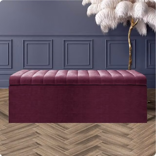 R&M Furnishers Safar Naples Ottoman Storage Box, Purple Striped Velvet Upholstered Blanket Chest and End of Bed Bench