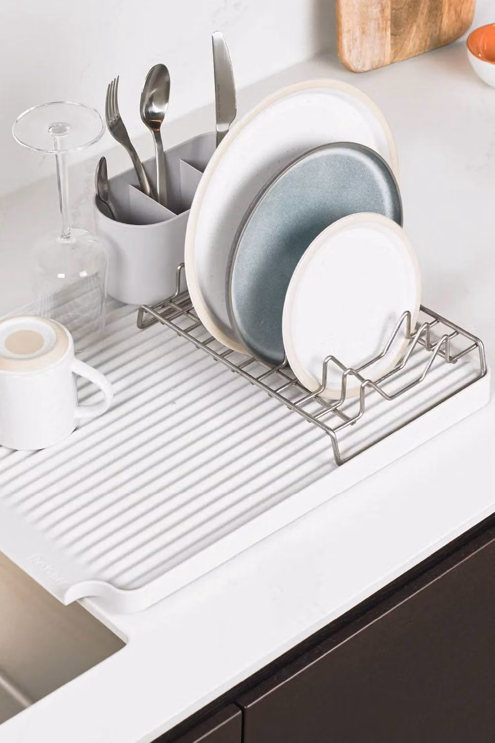 ReBorn Stone Cutlery Drainer and Sink Tidy Set in White with Stainless Steel and Glass Components – 2