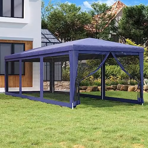 vidaXL Party Tent in Blue with 8 Mesh Sidewalls, W: 3 m, D: 9 m, H: 2.58 m – 2