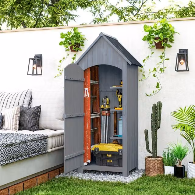 Outsunny Small Wooden Garden Storage Shed with 3 Shelves and Single Door, Grey