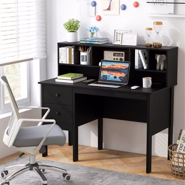 Costway Modern Black Computer Desk with Drawer Unit for Home Office